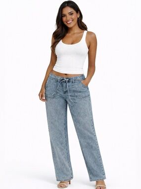 Kensie Straight-Leg Drawstring Jeans - Light Blue